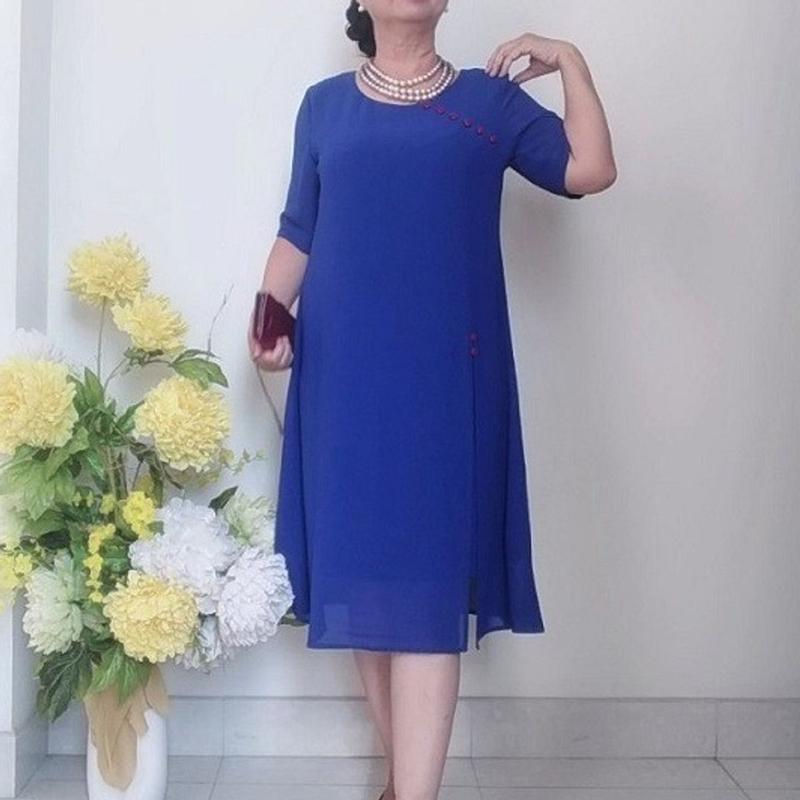Product Introduction of Đủ Size 50 - 90Kg - Váy Đầm Trung Niên Vải Voan Chiffon 2 Lớp Đính Nút Duyên Dáng - Form A Che Bụng 43