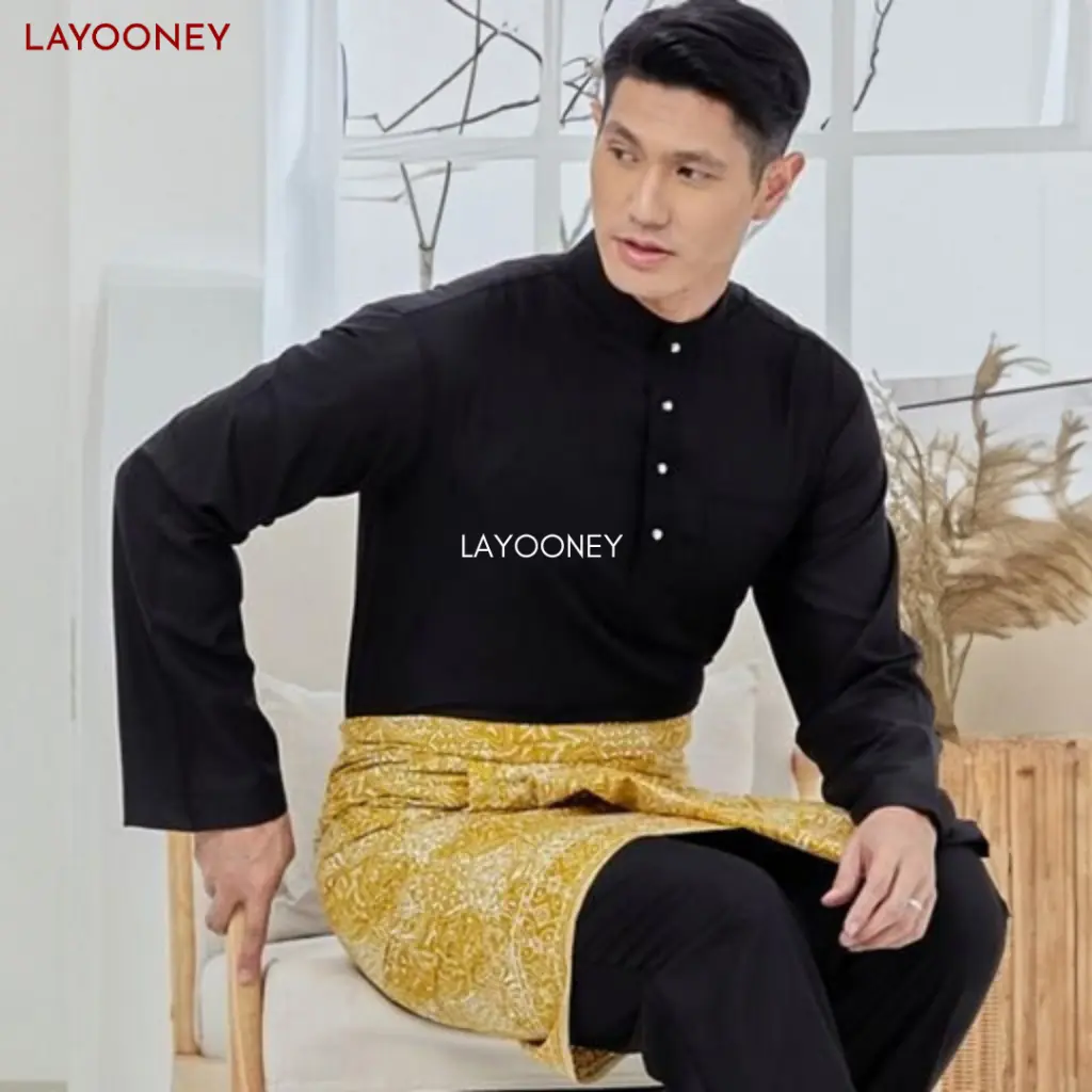 Setelan Baju Melayu Pria Teluk Belanga Bahan Katun Toyobo Satu Set Cekak Musang Pakaian Koko Adat Tradisional Malaysia Riau Hitam Premium