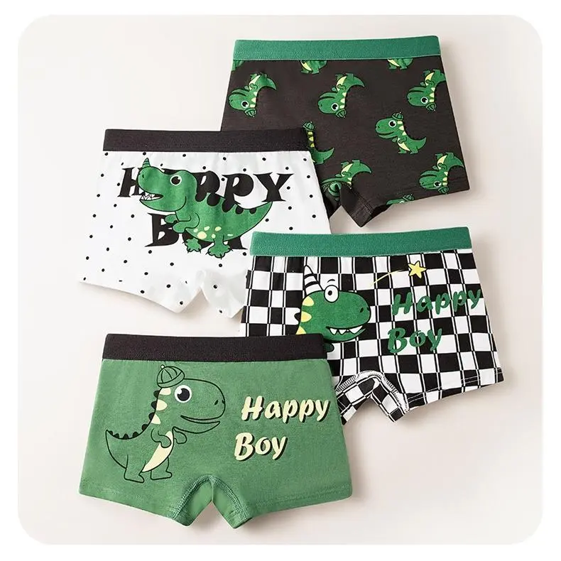 Đồ Lót Khủng Long Cotton 4 Mảnh Cho Trẻ Em, Quần Đùi Trẻ Em, Quần Đùi Bé Trai, Quần Đùi Thanh Thiếu Niên, Trẻ Em Trung Và Lớn, Quần Lót Học Sinh