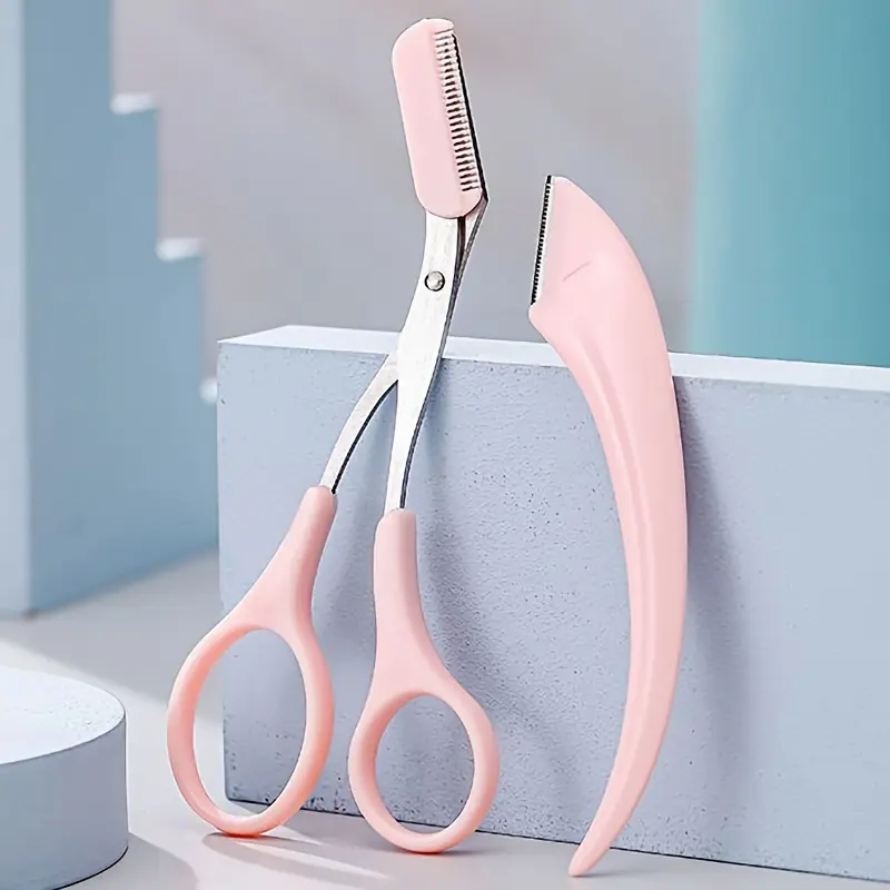 2Pcs Eyebrow Trimmer Set Curved Eyebrow Razor Eyebrow Scissors With Comb, Beauty Tool For Beginners, Hair Removal Accessories For Men Women Makeup Compact Cosmetic Storage