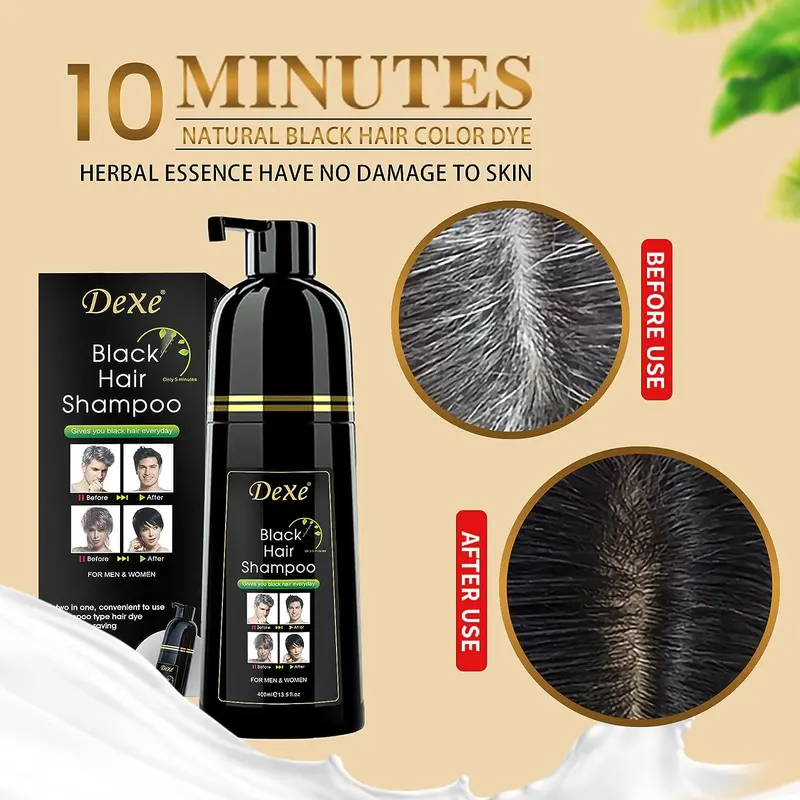 DEXE Black Hair Dye Shampoo Instant Shampo Rambut Uban Pewarna Rambut Hitam 400ml Cocok untuk Pria & Wanita 1