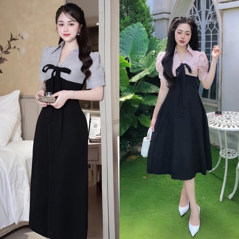 Váy Dự Tiệc Cổ Sơ Mi Phối Nơ Vải Cotton Lạnh Phối Lụa Sọc Phối Nơ  50 - 100Kg Thời Trang Nữ Béo Xinh Shop - A.1357
