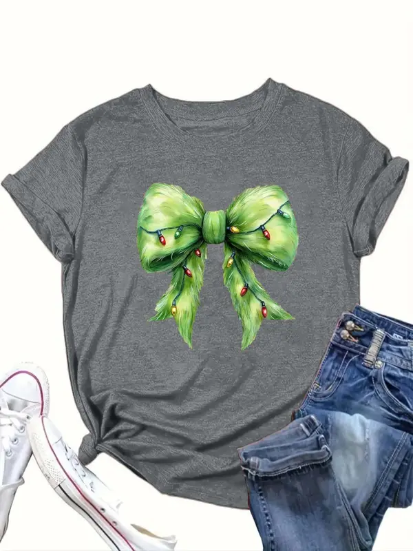 【Plus Size】 Cartoon Bow Print Round Neck Tee, Casual Short Sleeve T-shirt for Summer, Women's Clothing for Daily Wear 2