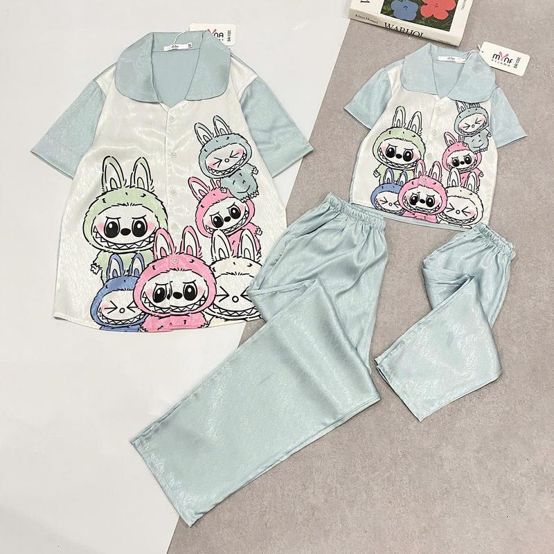 Set bộ đồ ngủ pijama mẹ và bé gái áo cộc quần dài cổ sen Labubu hồng  Women Voi- Tết Polo Top 6