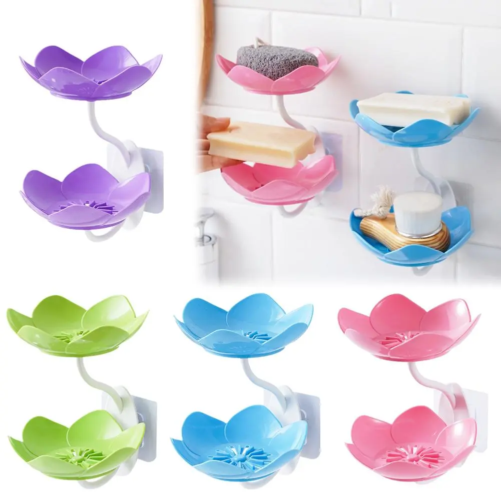 Lotus Soap Box No Punch Wall Mount Double Drain Flower Soap Bathroom Shelf Holder K4K2