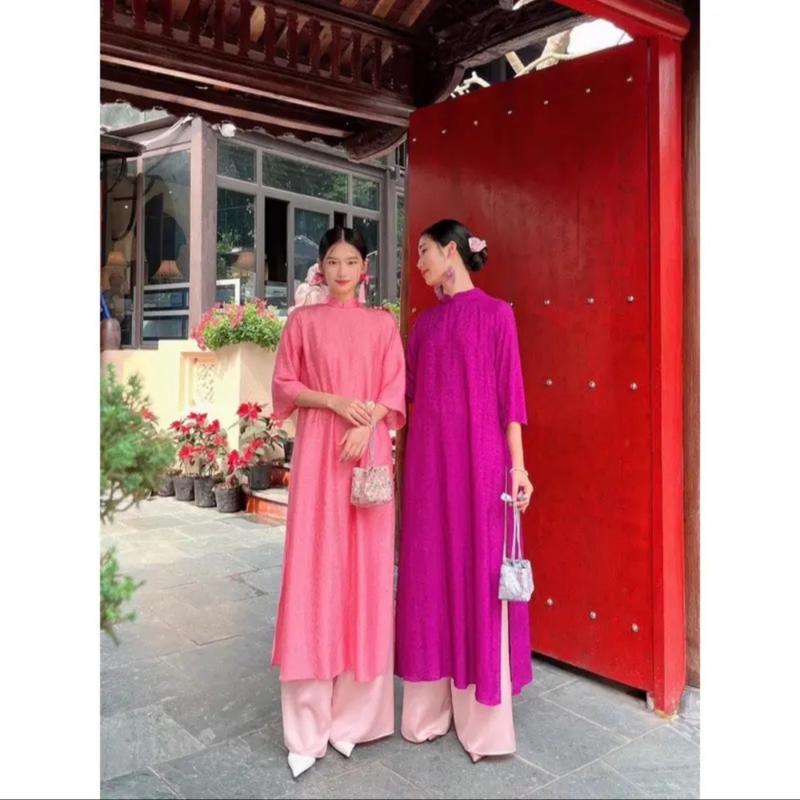 Tặng Vòng Ngọc Gấm Cao Cấp Dáng Suông Cách Tân Tay Loe Lỡ Chụp Hình Tết- Áo Dài Quỳnh Anh cover xéo xọ Women Dress Nữ