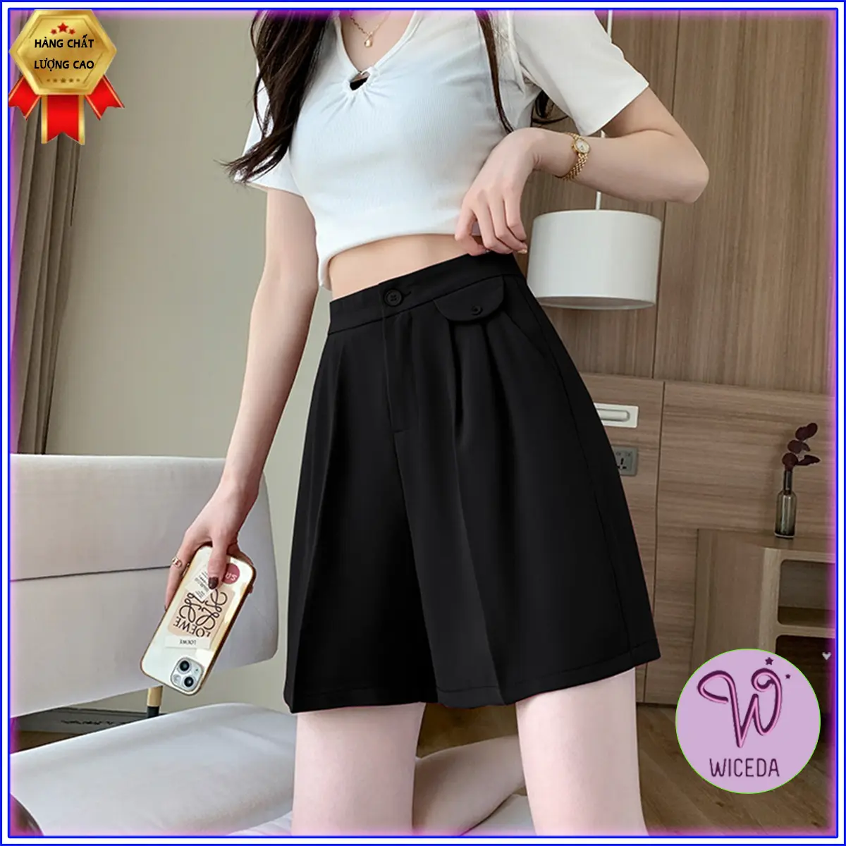 Quần short nữ ống rộng cạp cao Wiceda . quần sooc ngố lưng cao 2 màu đen trắng mặc ở nhà đi chơi chất vải dày dặn QN520