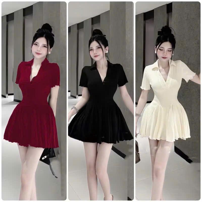 Đầm xoè dáng ngắn cổ polo kèm quần trong xinh xắn - thun gân lạnh GL753 Váy boby , váy body nữ tôn dáng , váy xinh , váy đi tiệc , váy đi biển