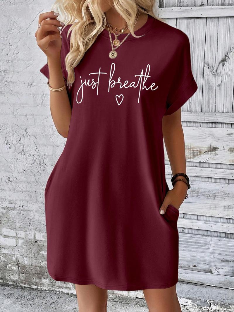 Product Introduction of Women's Just Breathe Letter Print Thermal Transfer Printing Short Dress, Casual Short Sleeve Round Neck Dress for Spring & Fall, Ladies Clothes for Daily Wear 5