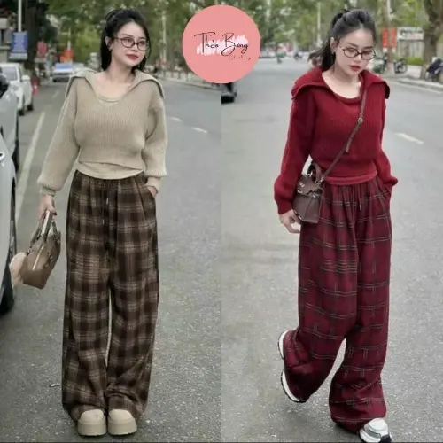Quần Ống Rộng Kẻ Nữ Cao Cấp Phiên Bản Mới Nhất Eo Chun Có Dây Rút Nhiều Màu Xinh Women Ong Pants