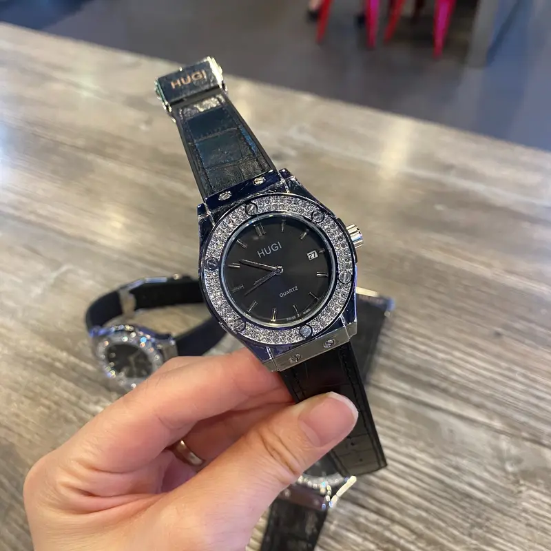 Hugi Đồng Hồ dây da Nam nữ luxury 603 basic dây da niềng đá cao cấp, sang trọng. Đồng hồ đeo tay thời trang, phụ kiện đẹp. Kiềng Watch 3