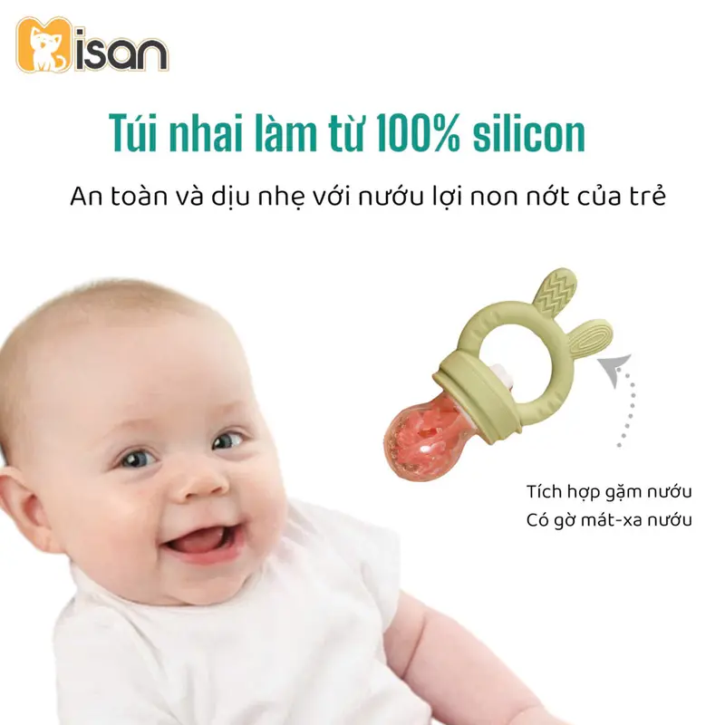 Túi Nhai Silicon Misan Hình Gấu Thỏ Kèm 3 Size Núm Cho Bé Từ 6 Tháng, Túi Nhai Gặm Nướu Cho Bé Misan Silicone 2in1 Tiện Lợi Kem 4