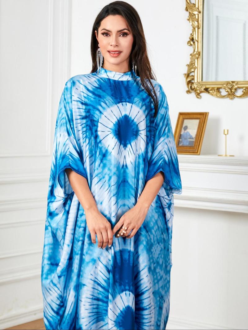 Product Introduction of Women's All Over Print Batwing Sleeve Kaftan, Elegant Mock Neck Long Sleeve Dress, Arabic Clothing for Women 15