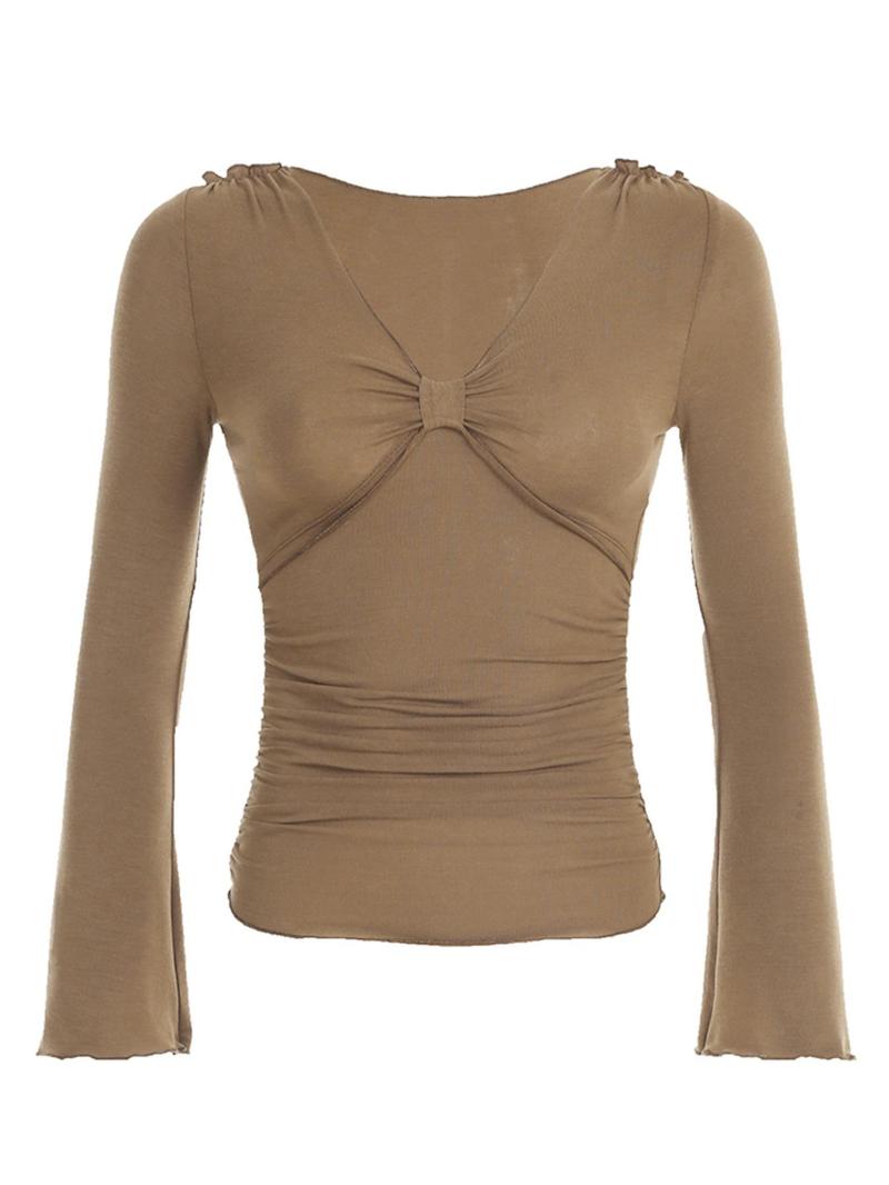 Product Introduction of Women's Plain Ruched V Neck Tee, Y2K Long Sleeve T-Shirt for Spring & Fall, Women's Clothes for Daily Wear 3