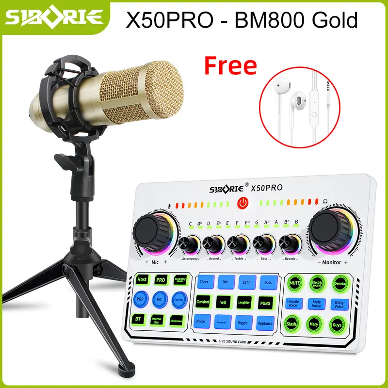 [SIBORIE] Bộ Mic Thu Âm Soundcard X50 PRO + BM800 GOLD: Tai Nghe, Dây Sạc & Các Hiệu Ứng Âm Thanh 0