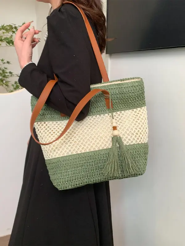Women's Fashionable Straw Tote Bag, Large Capacity Shoulder Bag for Daily Used, Casual Trendy Versatile High-quality Daily Commuting Bag, Girl Fashionable Shopping Bag, Beaded Bags 8