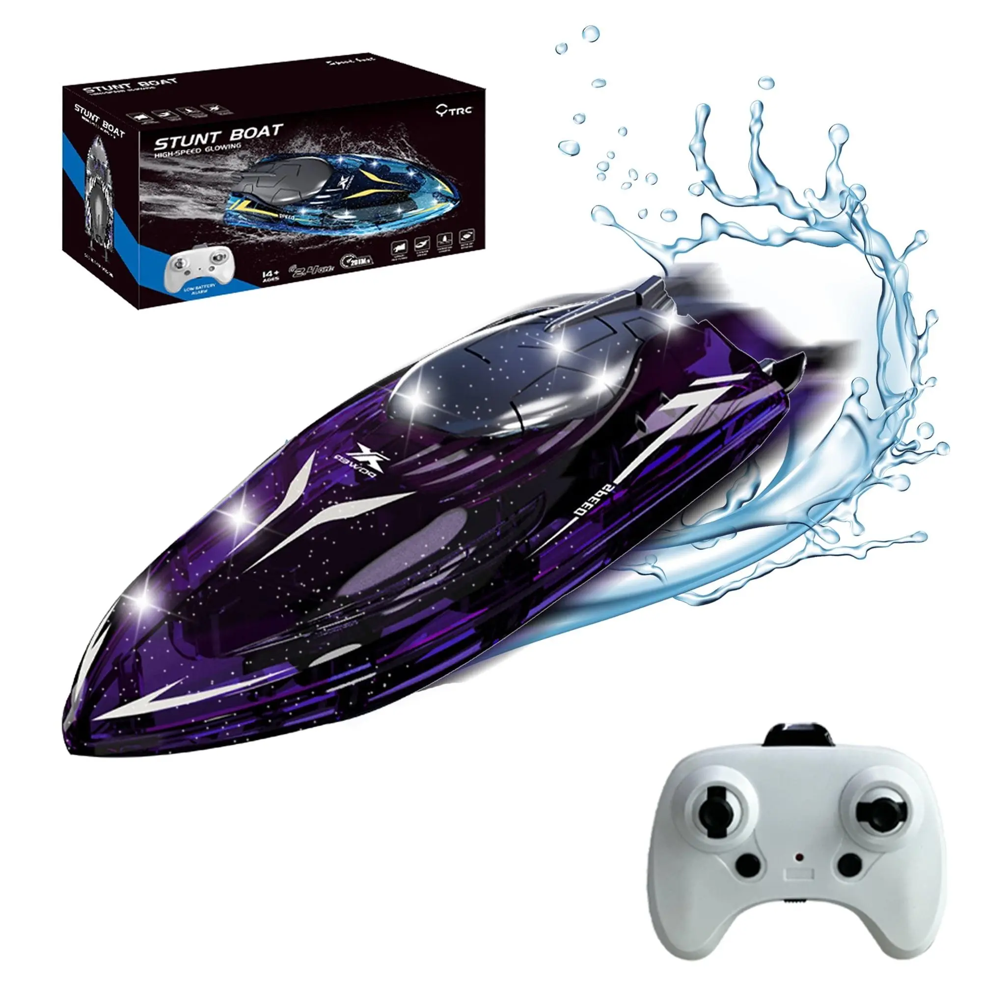 2.4g Remote Control High Speed Boat, Waterproof Electric Remote Control Boat with Led Light, Outdoor Electric & Remote Control Toys for Gift ( Three AAA Batteries Not Included）