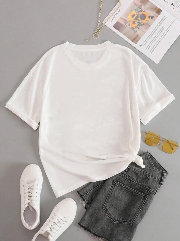 Women's Letter Print Round Neck Tee, Vintage Trendy Casual Short Sleeve T-shirt for Daily Wear, Ladies Summer Outfit, Top, Graphic Tees 8