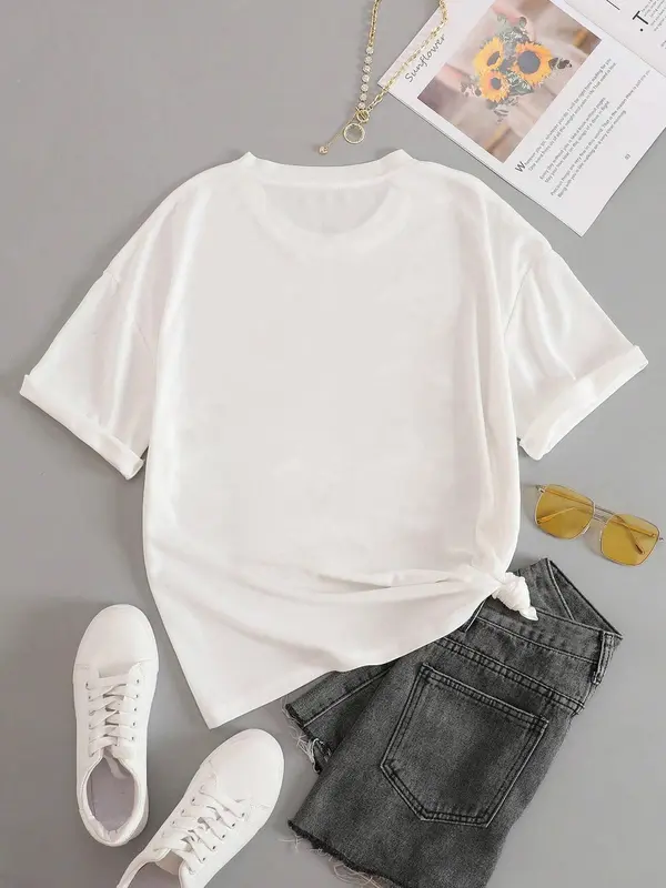 Women's Letter Print Round Neck Tee, Vintage Trendy Casual Short Sleeve T-shirt for Daily Wear, Ladies Summer Outfit, Top, Graphic Tees, Womenswear 8