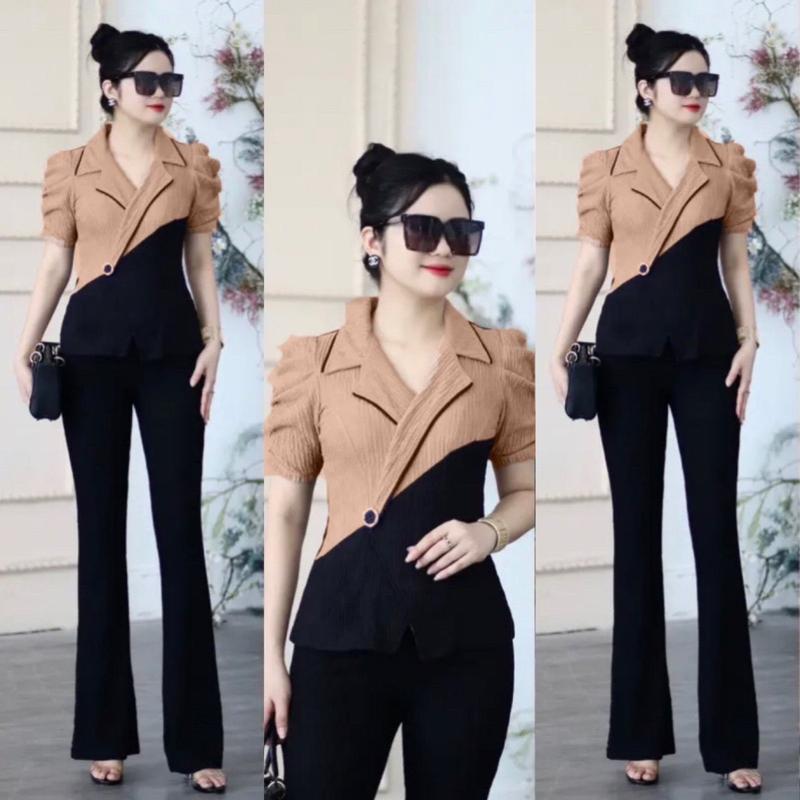 H22 - Set Bộ Thun Xốp Cổ Vest phối màu ống quần bass sang trọng, mặc đi dự tiệc, đi làm phong cách lịch sự sang trọng Nữ 【set blue thường