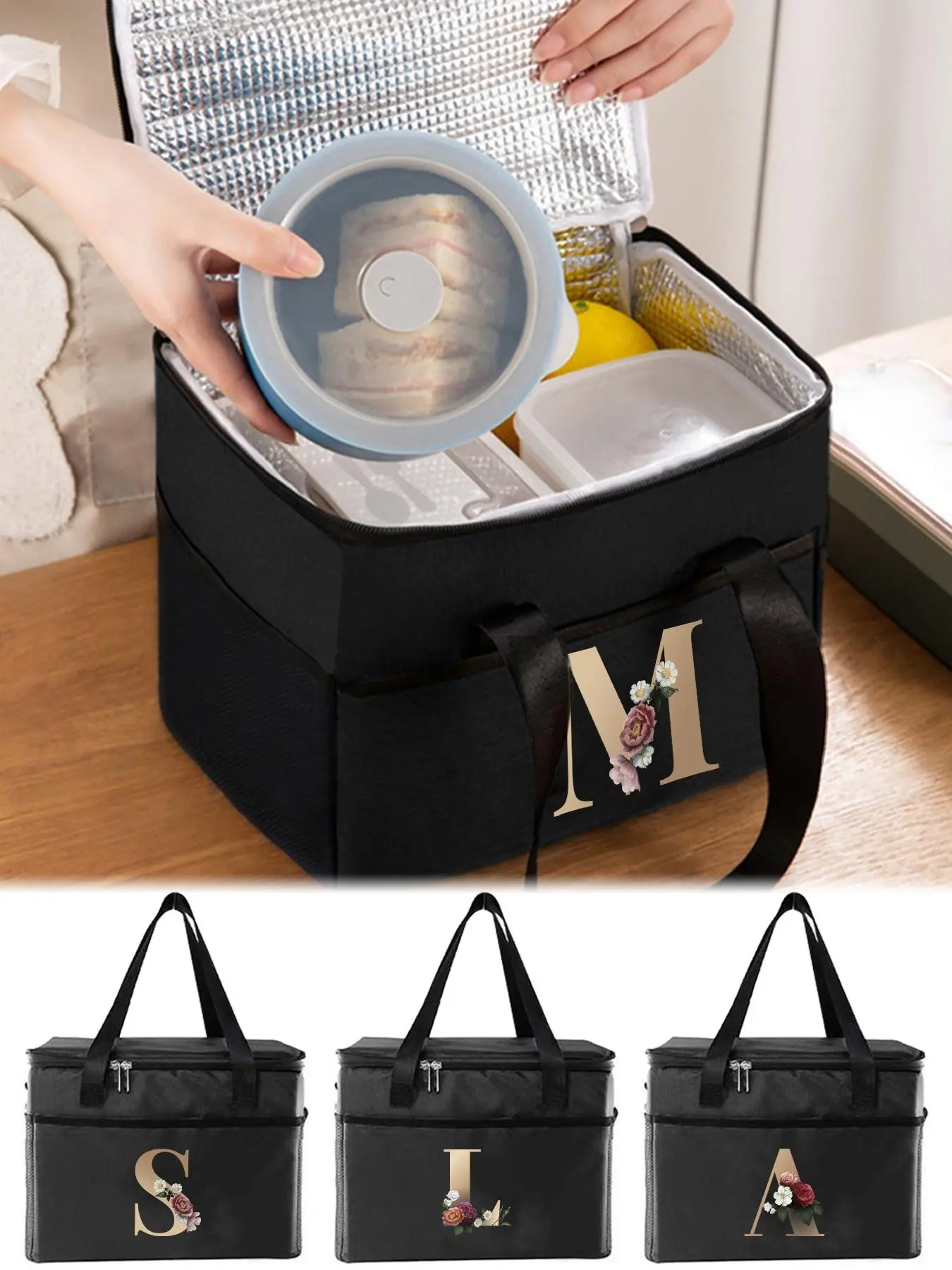 Letter A-Z & Floral Pattern Lunch Bag, Durable Waterproof Insulated Lunch Bag, Portable Lunch Box Bag for Travel & Commuting & School & Picnic & Camping