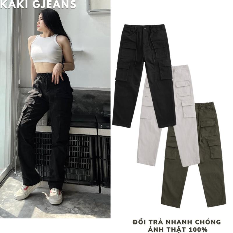  Quần cargo pants ống đứng túi hộp nữ lưng thun rút dây chất liệu kaki cao cấp dày dặn mềm mịn co giãn nhẹ Đen Women 