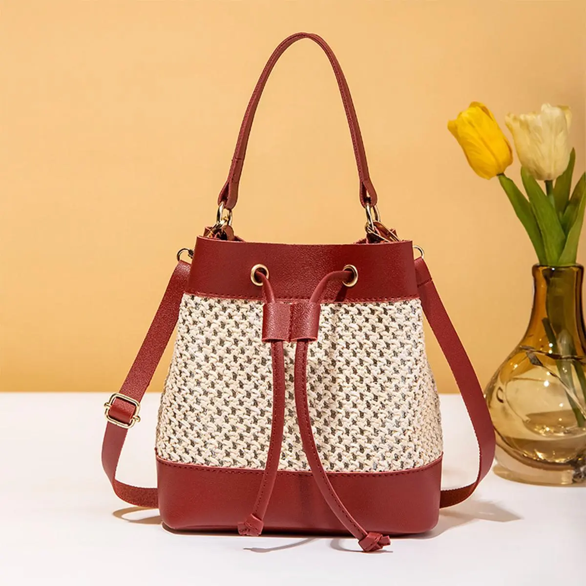 Handmade Weave Bucket Bags Luxury Women Bags High Quality Retro Female Shoulder Bags Large Capacity Handbag Drawstring Messenger