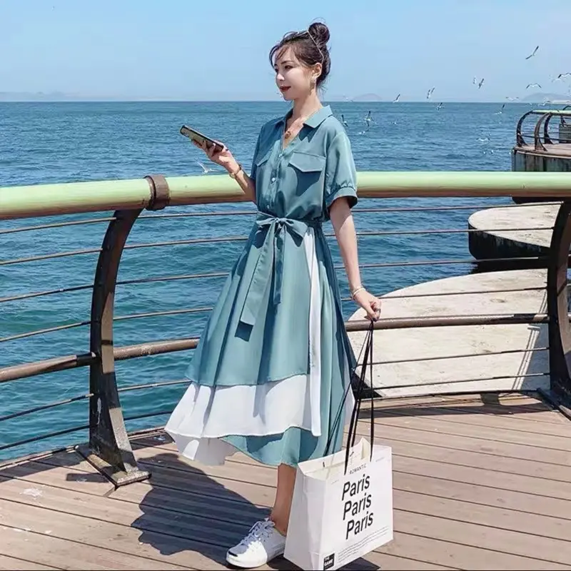 Đầm sơ mi xanh túi hộp phối trắng 2 màu, váy dạo phố 4