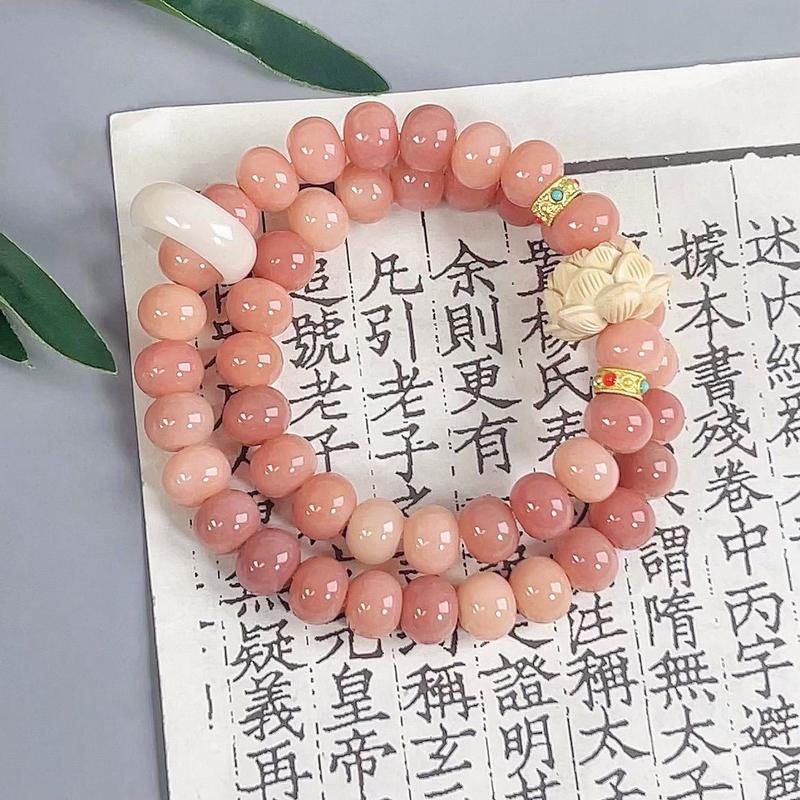 Product Introduction of Pink white jade bodhi root bracelet Female circular finger soft play bodhi Buddha beads student disk play gradient bracelet 17