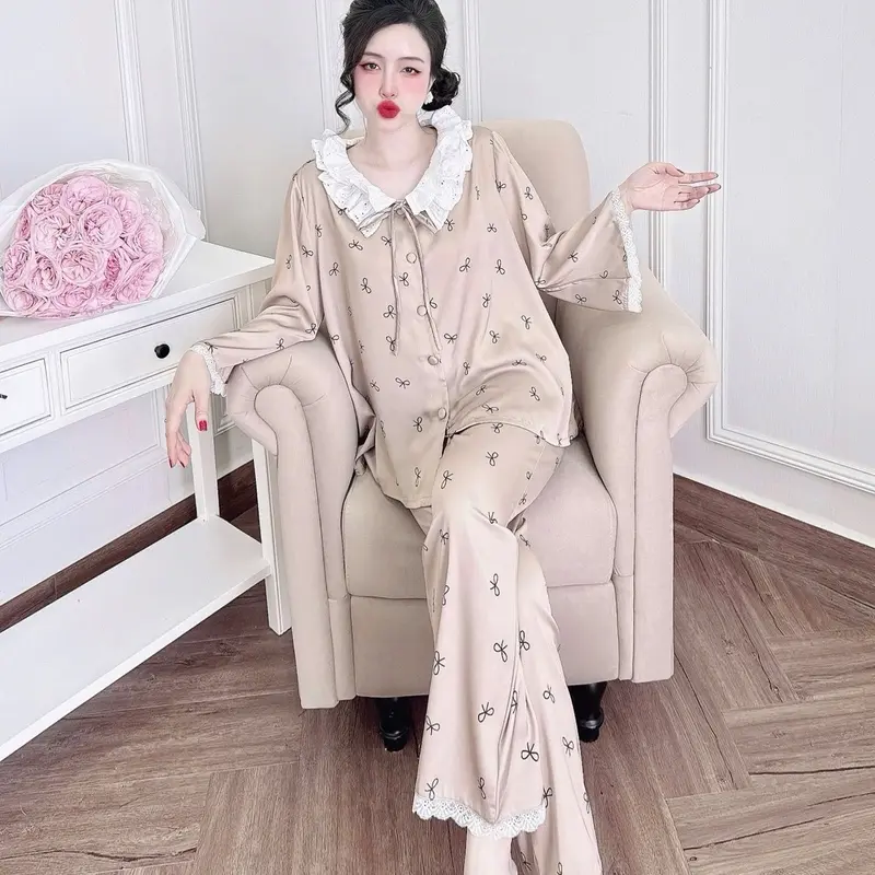 Bộ Tiểu Thư Nơ Phối Ren Quần Dài Lụa Latin (Freesize 40-70kg) Pijama Nữ Women 3