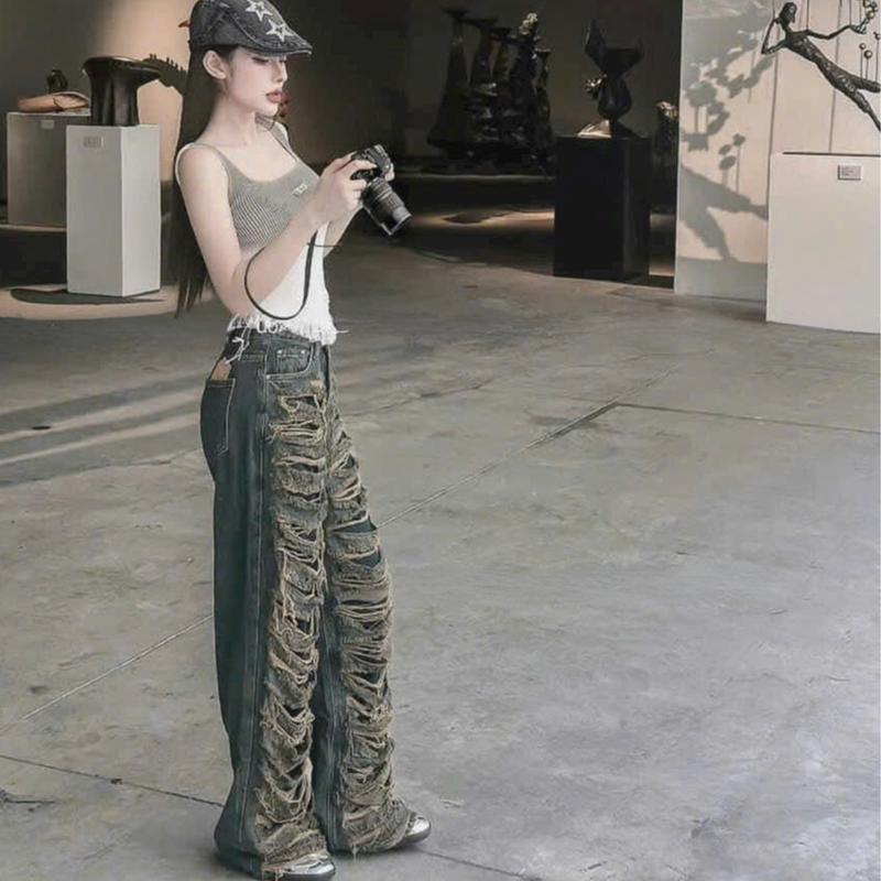  006 - Quần Jean dáng suông rách tả tơi màu xanh rêu size S-XL 