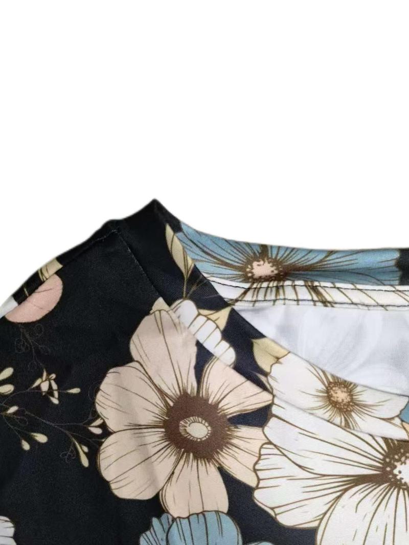 Product Introduction of 【Plus Size】 Floral Print Round Neck Tee, Casual Long Sleeve T-shirt for Daily Wear, Women Plus Clothing for Spring 7