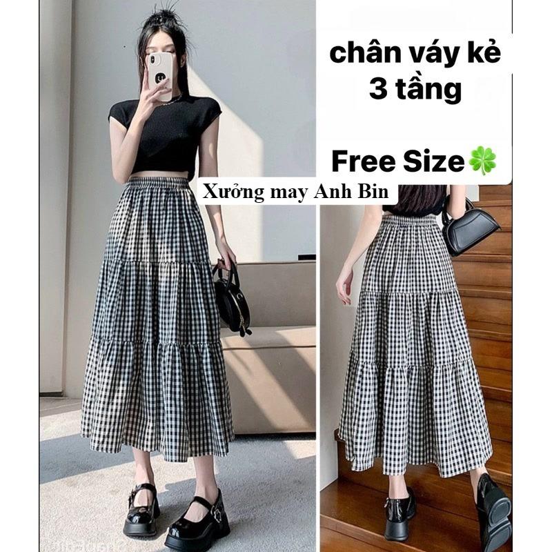 Chân váy maxi 3 tầng kẻ caro cạp chun lưng cao, dài 86-88cm chất đũi Nhật cao cấp mềm mại và thanh thoát 7