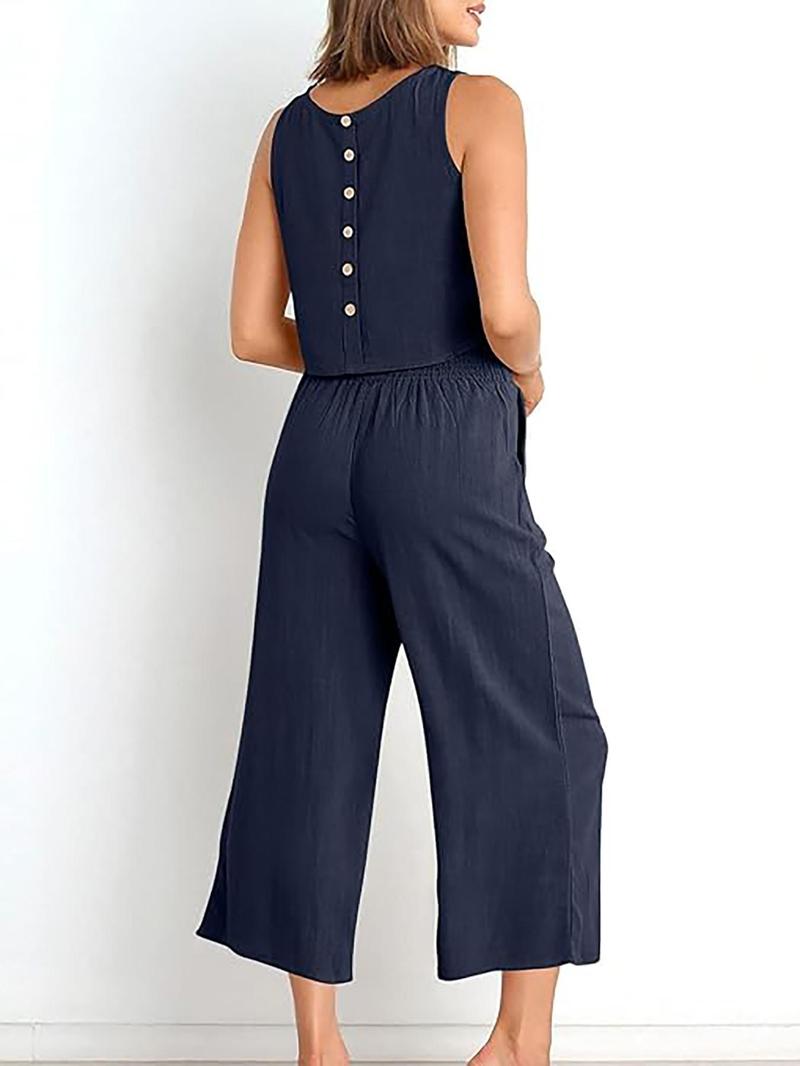 Product Introduction of Two-Piece Set Women's Solid Sleeveless Buttons Tank Top & Elastic Waist Wide Leg Capri Pants Set, Summer Outfits 2024, Casual Round Neck Top & Pocket Trousers Set for Summer, Ladies Clothes for Daily Wear 5