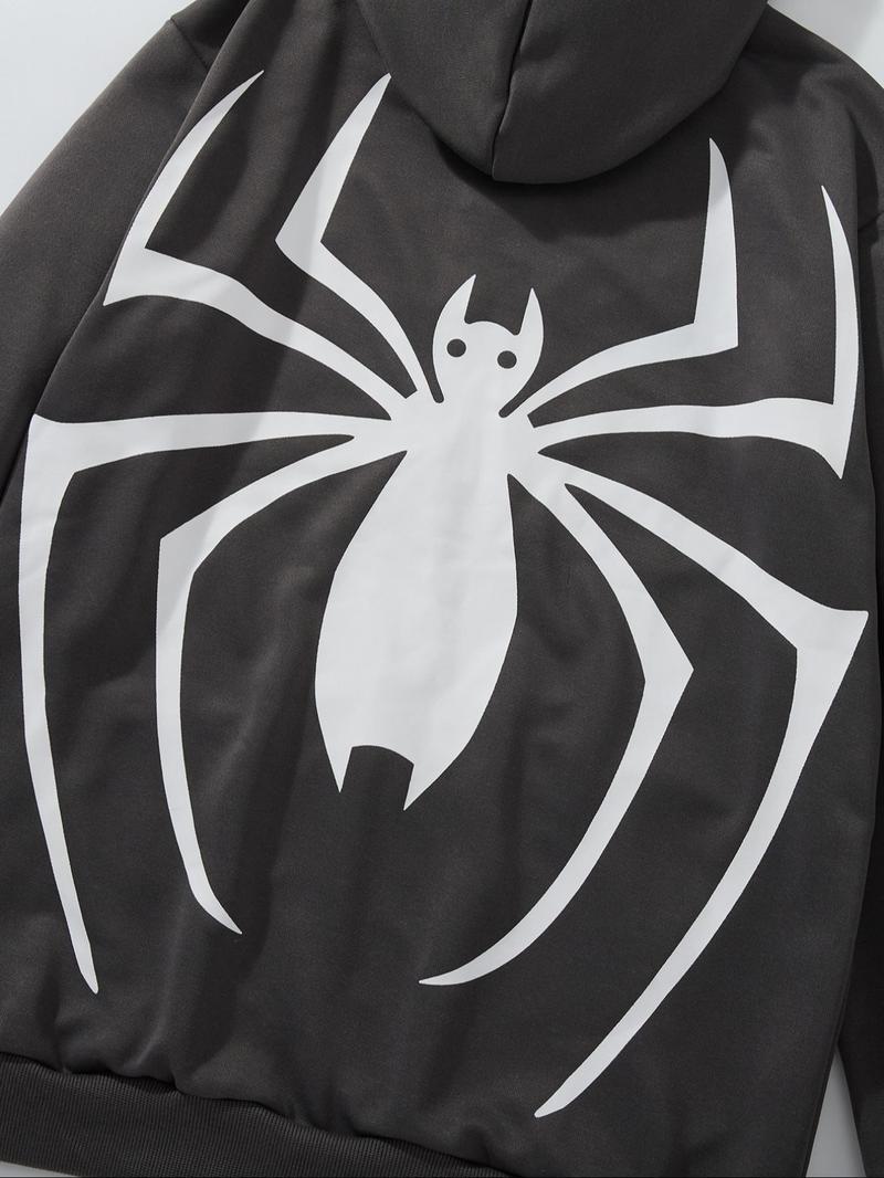Product Introduction of Men's Cartoon Spider & Letter Print Zip Up Hoodie, Regular Fit Casual Street Long Sleeve Hooded Sweatshirt for Daily Wear, Men's Clothes for All Seasons 8
