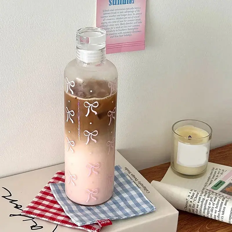 Bình Nước Nhựa, 500ML, Thiết Kế Hình Nơ Kawaii, Có Thang Đo Thời Gian, Trong Suốt, Thích Hợp Cho Các Môn Thể Thao Ngoài Trời Và Trường Học, Bình Nước Uống 0