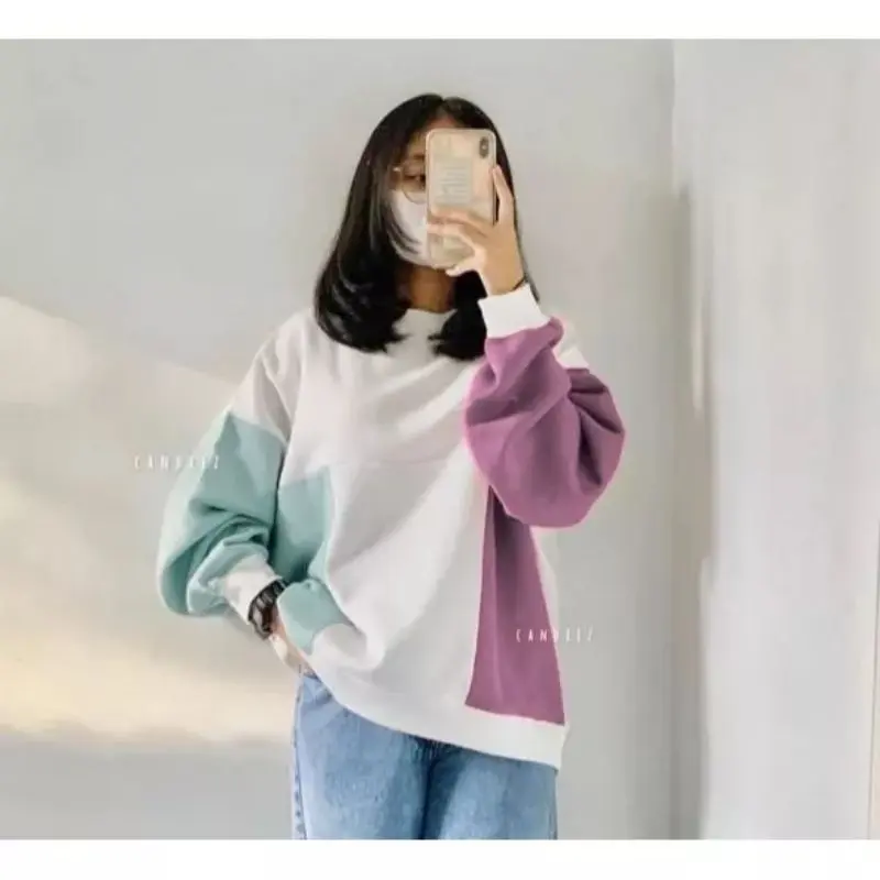 FUZI COMBI SWEATER HOODIE OVERSIZE THREE COLOUR WANITA BAHAN FLEECE 0