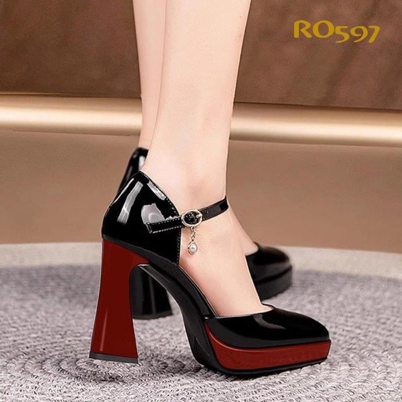 Giày cao gót nữ gót trụ quai cài phối màu nâu đỏ đen cao 8p ro597 giày cao gót giay got vuong Sandal DéP Shoes Cao Su Jean gó t đẹp 2024