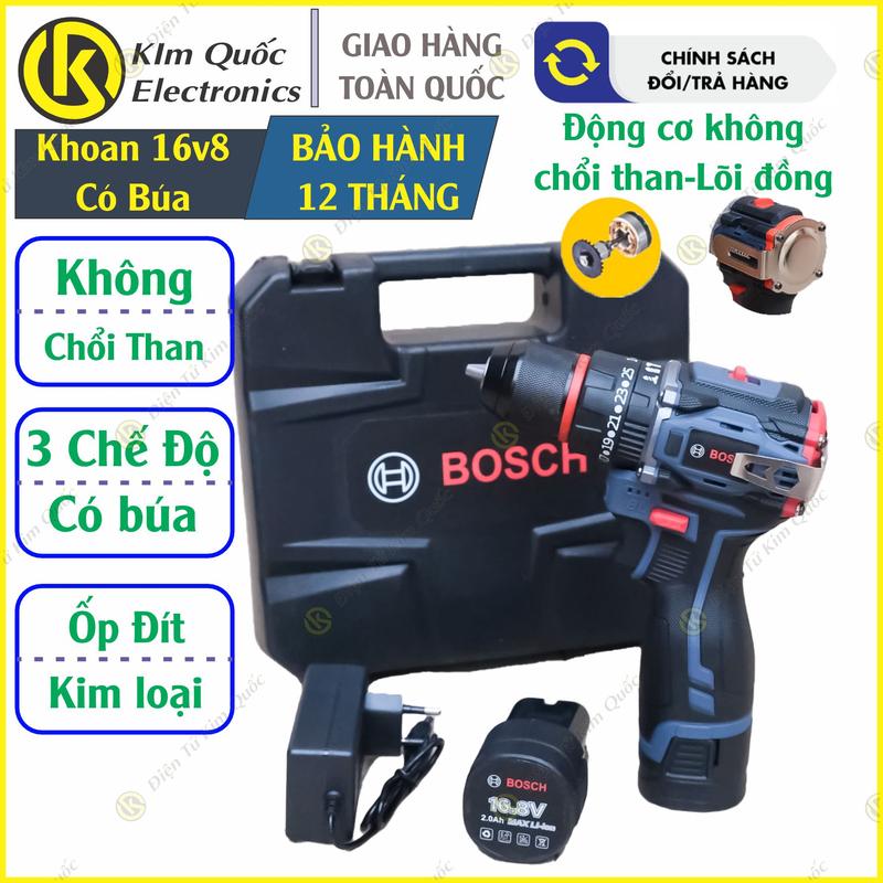 Máy Khoan Pin Bosch 16,8v 3 chức năng Đầu Kẹp autolock 10mm Động Cơ Không Chổi Than( bộ 2Pin+1Sạc)