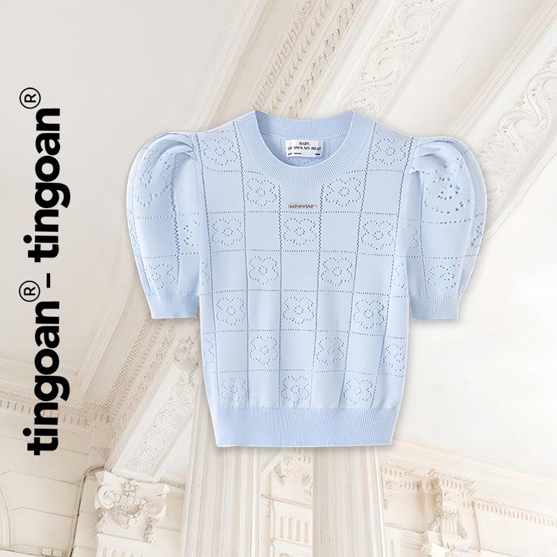 TINGOAN - Áo len siêu mỏng xanh blue có logo TINGOAN ngắn tay cổ tròn vân hoa  FLOWER TOP/BLUE phiên bản mới  T9/2024