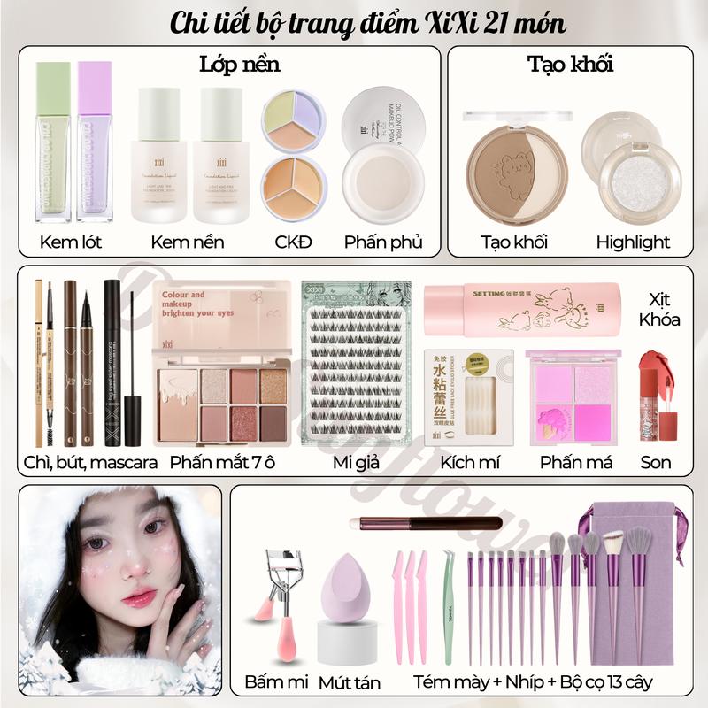 Bộ Trang Điểm 21 Món XiXi Đầy Đủ Để Học Makeup Hoặc Makeup Chuyên Nghiệp Bổ Sung Thêm Xịt Khóa Makeup, Mi Giả Không Cần Keo Dể Gắn, Nhíp Gắn Mi Cao Cấp Trợ Lực Gắp, Hộp 480 Nhấn Mí Kích Mí