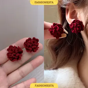 Anting-Anting Bunga Merah Elegan Anti Karat S925 Aksesoris Wanita Korea Style Fashion