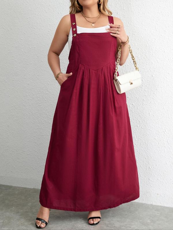 Women's Plus Size Plain Buttons Plicated Pocket Pinafore Dress without Camisole, Summer Clothes Women, Casual Square Neck Sleeveless Long Dress for Summer, Ladies Plus Clothing, Dresses Summer 0