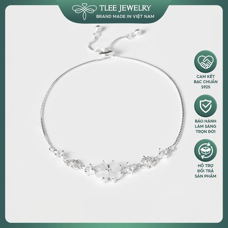 Lắc tay bạc nữ TLEE cỏ bốn lá đá trắng lấp lánh dây rút bạc 925 cao cấp TLEE JEWELRY LT0112