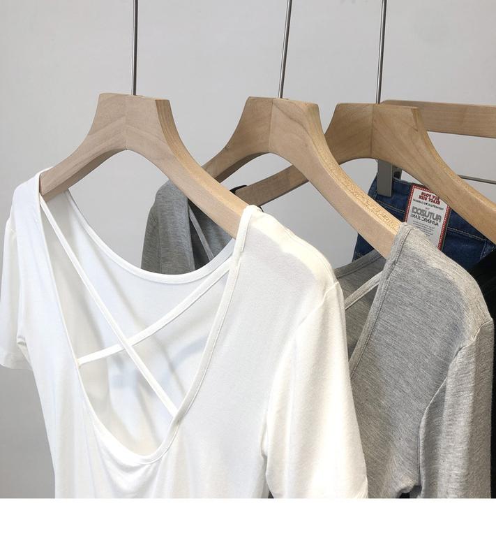 Product Introduction of 2024 Summer new Korean style slim fit sneaky design cross beauty back short underwear short-sleeved T-shirt top for women 4