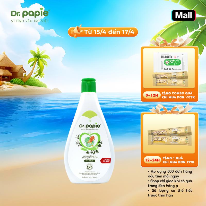 [MỚI_500ML] Nước tắm gội thảo dược Dr.Papie giúp giảm mẩn ngứa rôm sảy, hỗ trợ làm sạch, mát da bé - Chai 500ml