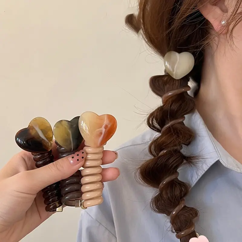 Gelang Getah Elastik Jantung, Untuk Wanita dan Gadis, Ikatan Rambut Wayar Telefon, Gegelung Lingkaran Gelung, Ikat Rambut, Aksesori Pemegang Ekor Kuda, 1PC