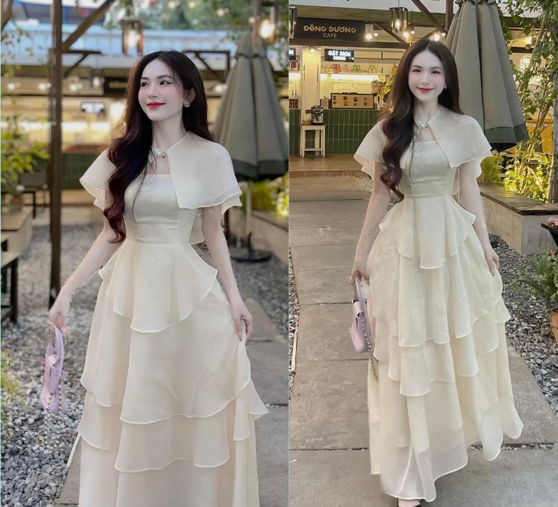 Đầm Dự Tiệc Voan Dáng Dài Bèo Tầng + Áo Choàng Sang Trọng Lịch Lãm - Nữ - Women váy chảnh