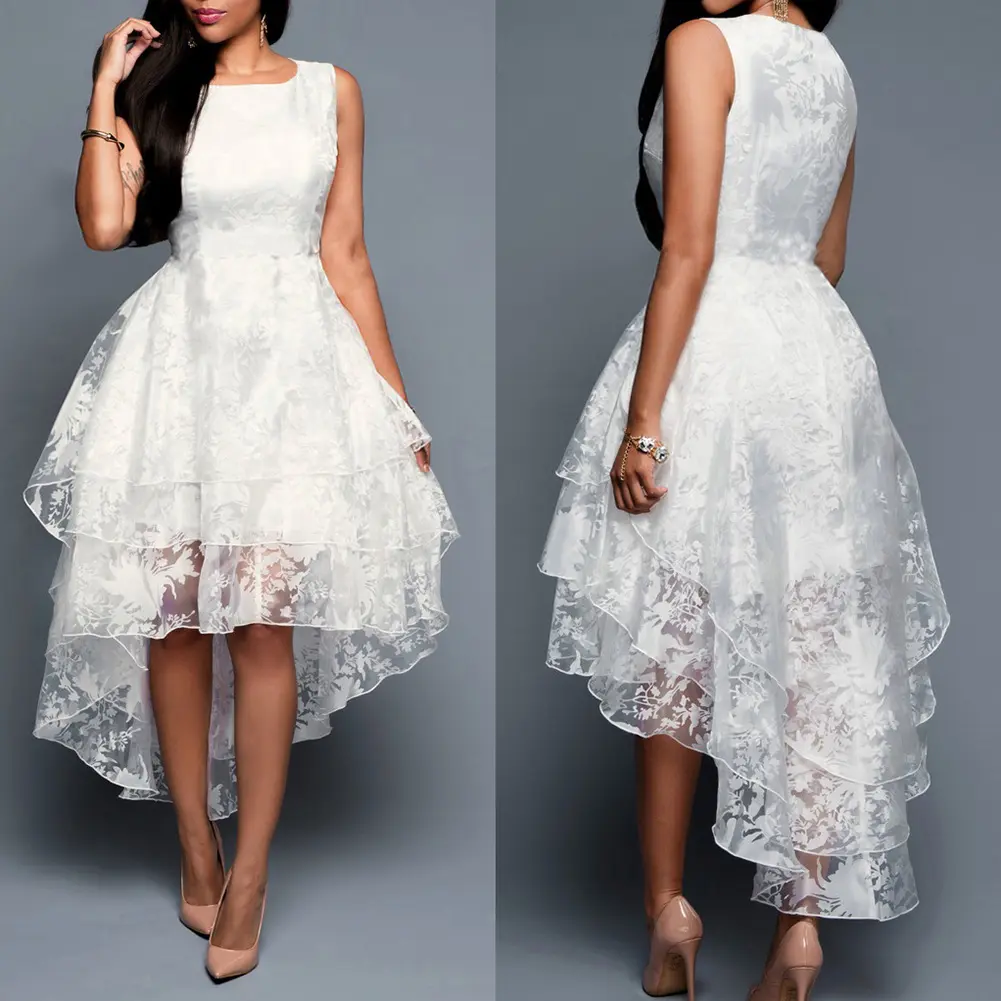 Elegant Women Sleeveless O Neck Lace Irregular Hem 3 Layers Cocktail Party Dress