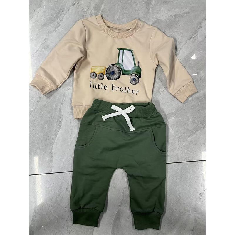 Product Introduction of Boys Autumn 2PCS Outfit Sets Long Sleeve O Neck Letter Tractor Print Tops Solid Color Pants Sets 51
